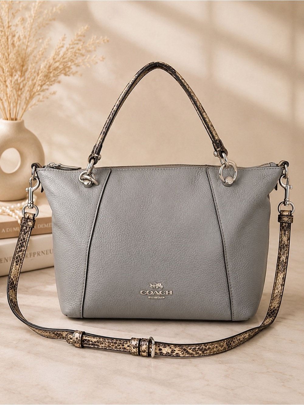 Coach Prairie Gray Pebbled Leather Satchel Crossbody Bag Snake Print Strap